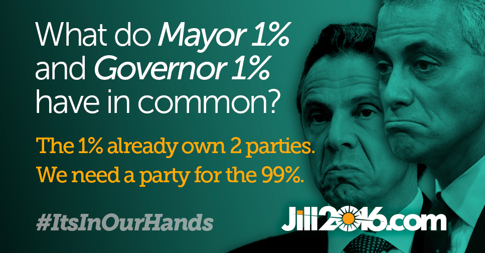 DrJillStein's tweet photo. What do Mayor 1% @RahmEmanuel and Governor 1% @NYGovCuomo have in common? http://t.co/VwhiikjQjb