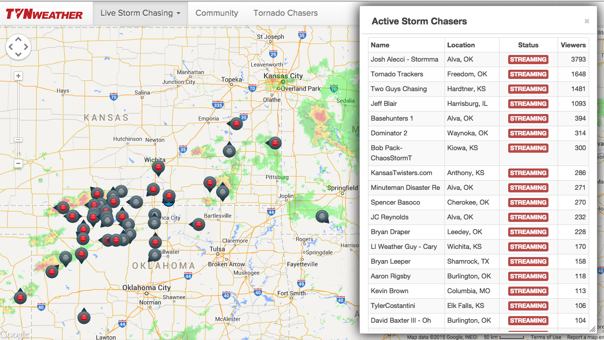 TVNweather's tweet photo. An incredible amount of chasers online right now: https://t.co/WoA425Tr7L #kswx #okwx http://t.co/PBVoh9Xgh5