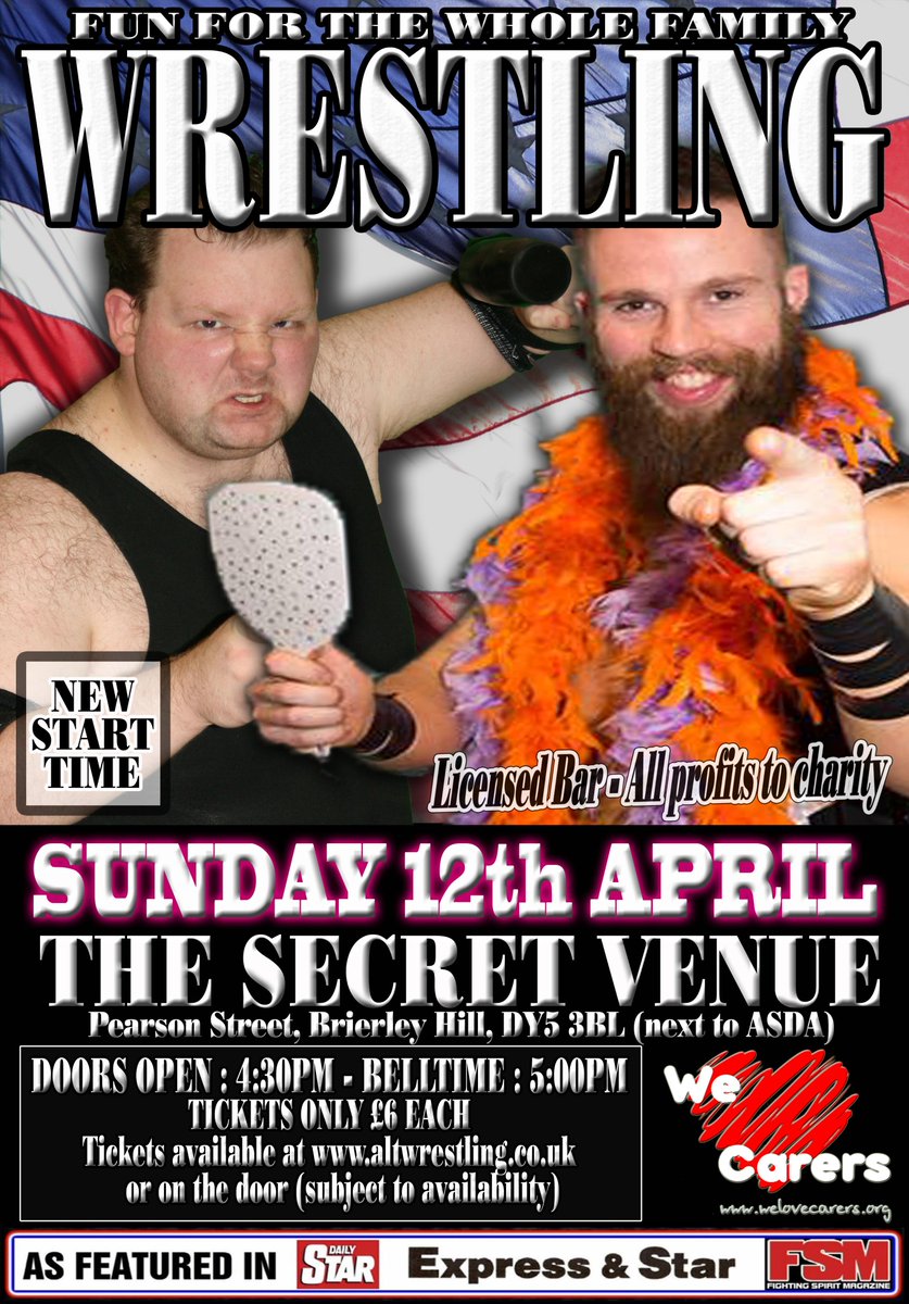 <a href="/SecretVenue/">Secret Venue</a> Wrestling returns to The Secret Venue this Sunday 12th April.

Tix in advance at altwrestling.co.uk