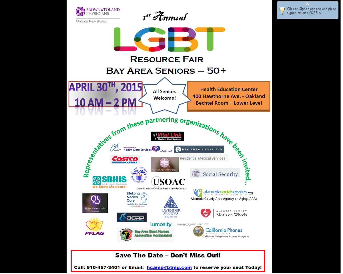VLMedAlert's tweet photo. Check out this great event for #bayareaseniors! #LGBTSeniors #Seniorresources #Seniorevents http://t.co/3YFzlF9vsr