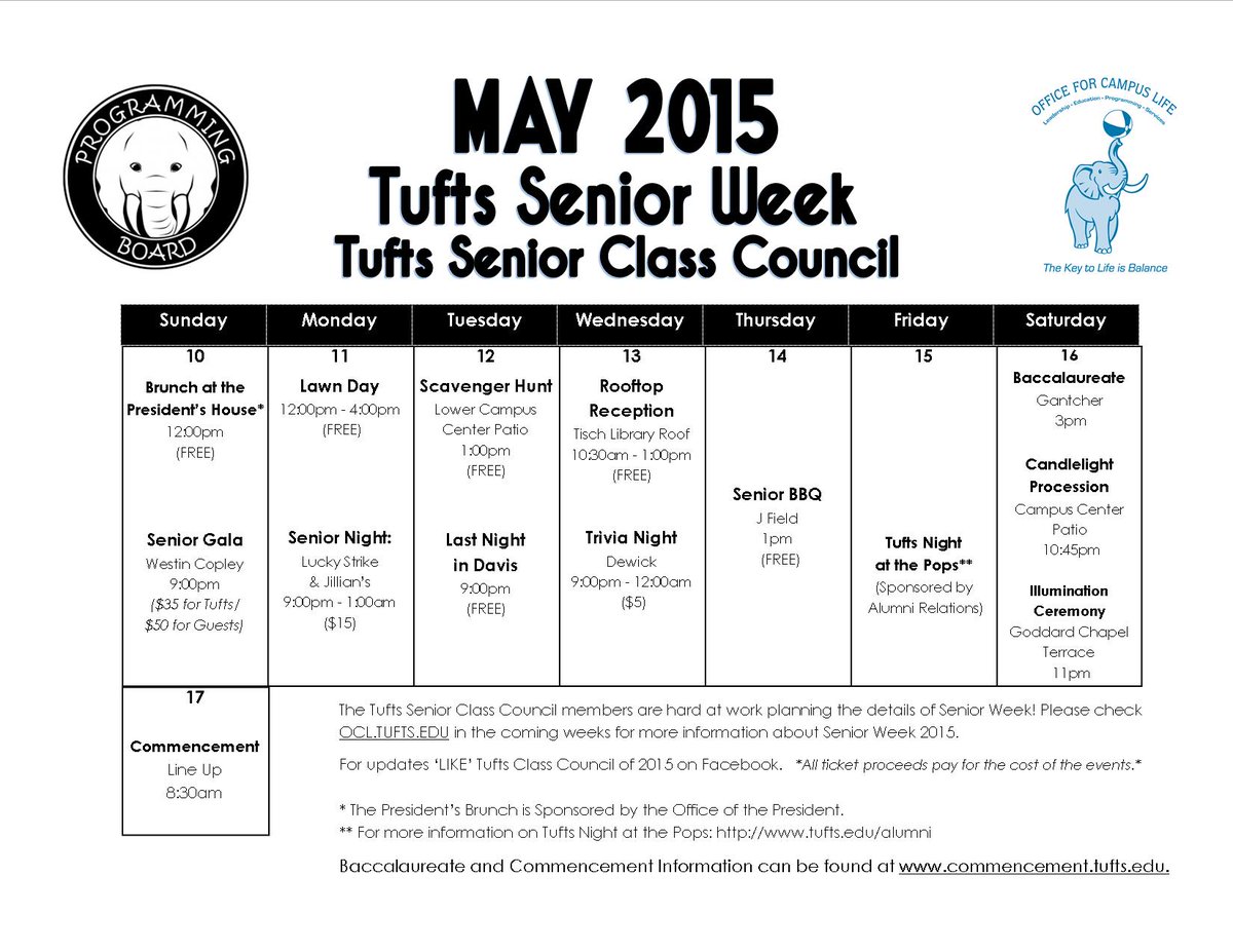 Tufts2015's tweet photo. Here's the #TuftsSeniorWeek2015 calendar for reference! http://t.co/mevzYk7Wtp