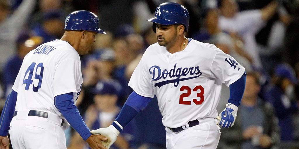 MLB's tweet photo. Will he do it again? Adrian Gonzalez goes for HR No. FOUR. Watch LIVE: http://t.co/0a7p1BLKto http://t.co/s1PPNscQNJ