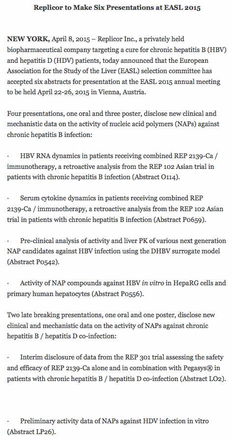 psuvafan007's tweet photo. #HBV #Replicor to Make Six Presentations at EASL 2015 http://t.co/FVhWqkBgvT