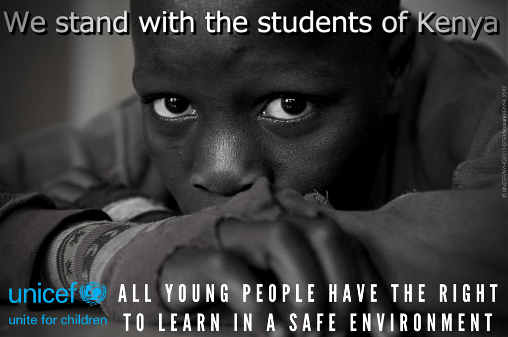 UNICEF's tweet photo. We stand with students of #Kenya. All young people have the right to learn in a safe environment. @UNICEFEducation http://t.co/caE7Up72Hj