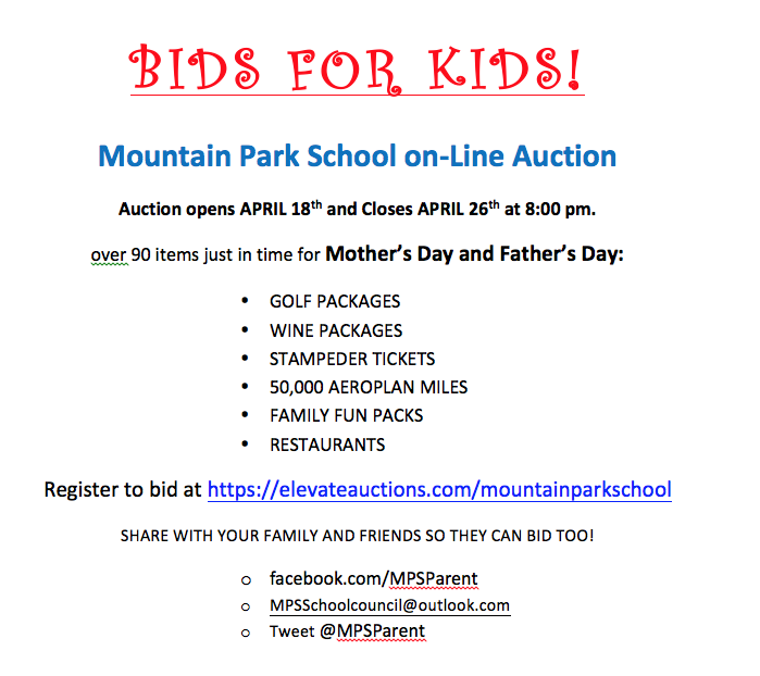 Mark your calendars! Online bidding for 100+ items opens Sat, April 18 at elevateauctions.com/mountainparksc…. #MPSOnlineAuction