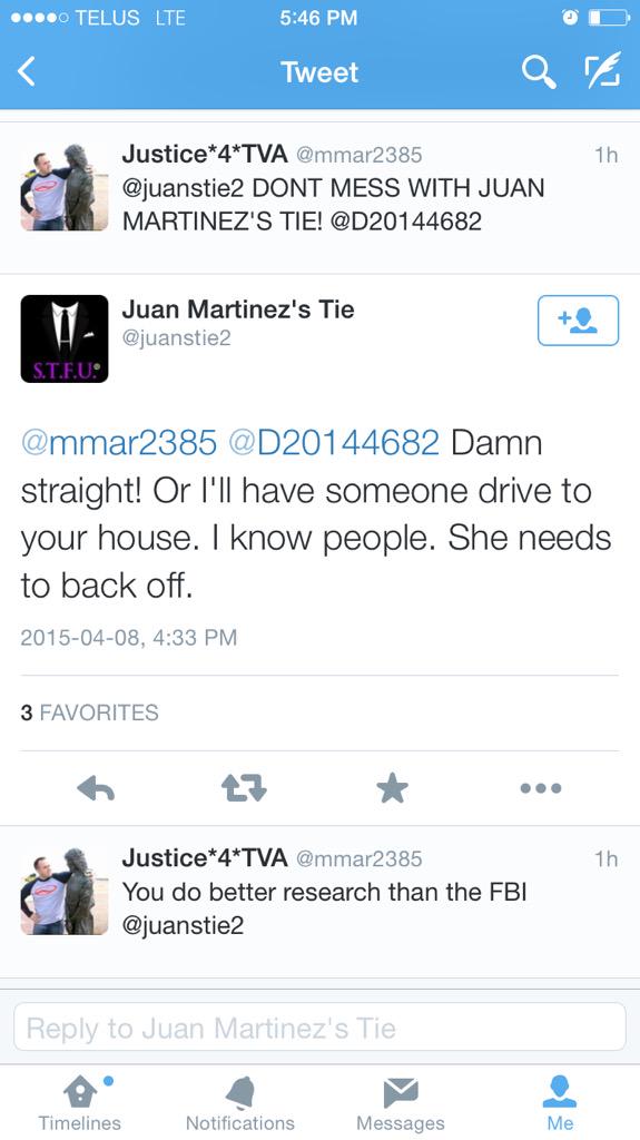 Mcdeadles's tweet photo. More of "JuansTie" obsessive, threatening stalking behaviour. Reminiscent of #jodiarias .Hope U don't have doggy door http://t.co/pPcVTz82Bq