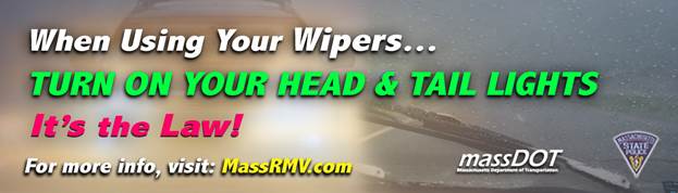 Using your windshield wipers during inclement weather? Turn on your head and tail lights, it’s the law.