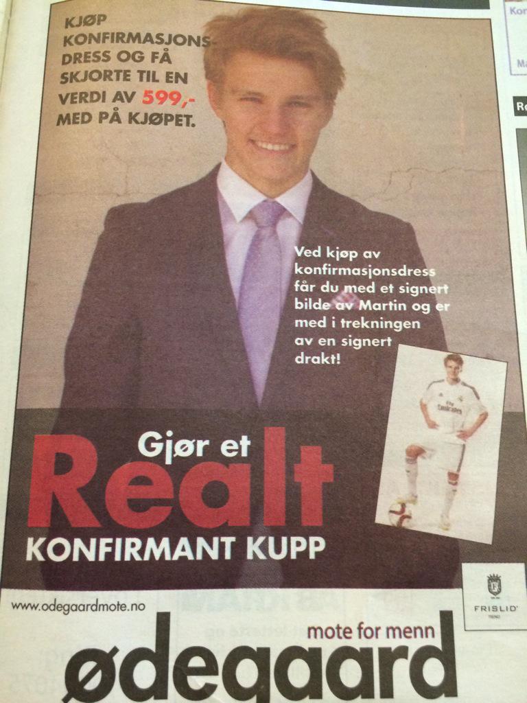 KenFredheim's tweet photo. Tøft satset av den lokale klesbutikken, som bruker Real Madrid-spiller i konfirmantdress-annonsen. http://t.co/thCxKyNl8O