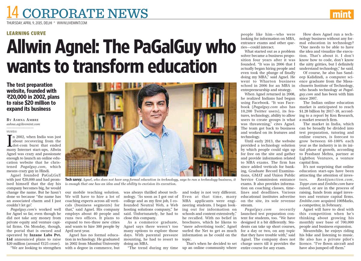 The <a href="/livemint/">Mint</a> profile on me about <a href="/pagalguy/">PaGaLGuY</a> : Allwin Agnel: The PaGalGuy who wants to transform education
