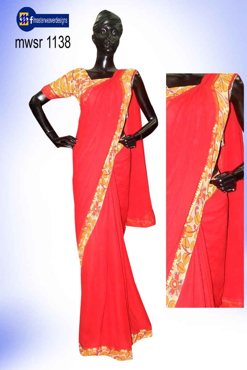 A Georgette saree is designed using combination of kalamkari
printed Georgettefabric
Code:mwsr 711138
Price: 2250/-