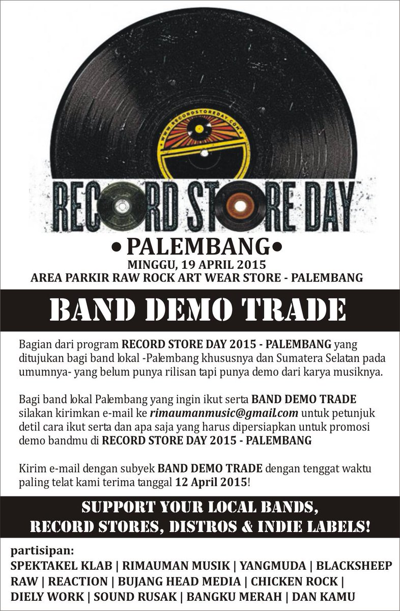 RimaumanMusic's tweet photo. Untuk RECORD STORE DAY 2015 - PALEMBANG kami menangani Band Demo Trade, mau ikut serta? Baca petunjuk berikut #RSDPLG http://t.co/N3AYqL1fw4