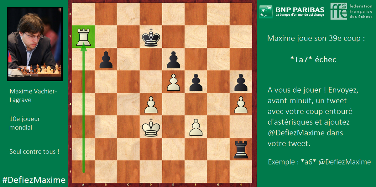 DefiezMaxime's tweet photo. Maxime joue son 39e coup : *Ta7* échec au roi. Ça commence à chauffer ! #DefiezMaxime #bnpparibas_net http://t.co/bqLlyHiNPm
