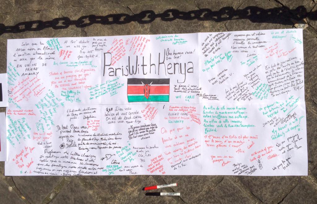 ParisWithKenya's tweet photo. #ParisWithKenya 
Les mots de soutien aux étudiants Kényans vont être remis à l'université de #Garissa http://t.co/siIto2u9Uq