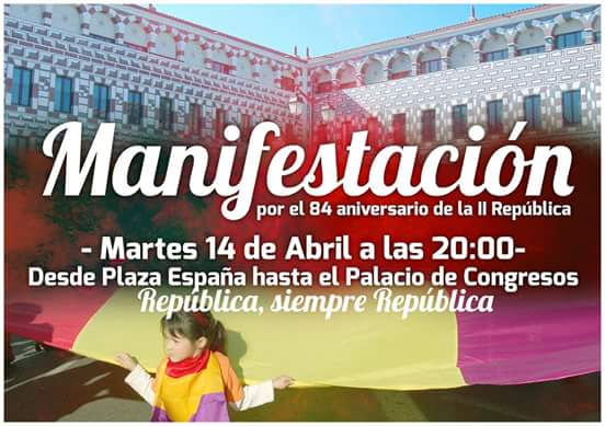 Este Martes #14Abril salimos en Badajoz a conmemorar el 84 aniversario de la II Republica. 20:00 desde <a href="/aytodebadajoz/">Ayuntamiento Badajoz</a>