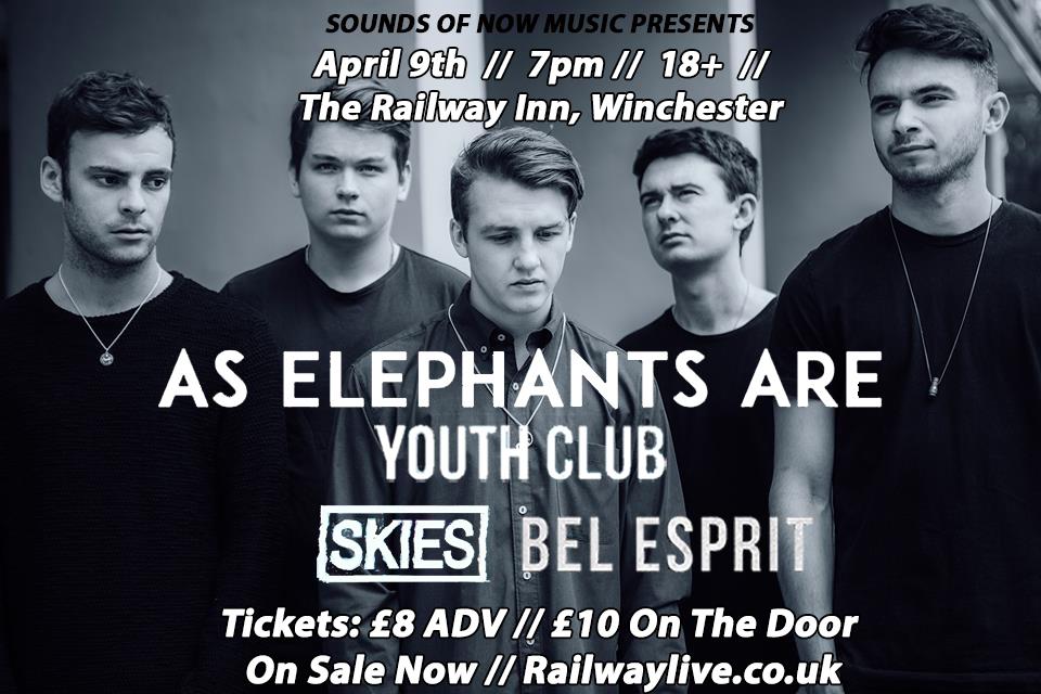 Summer is here! So is our @AsElephantsAre, <a href="/weareyouthclub/">Youth Club</a>, <a href="/SKIESbanduk/">SKIES</a> &amp; <a href="/BelEspritUK/">Bel Esprit</a> show! Tonight <a href="/railwaylive/">The Railway Inn</a>!
