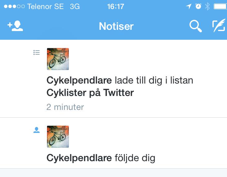 Fem minuter på Twitter och redan i en lista:)
Välkommen <a href="/Cykelpendlare/">Cykelpendlare</a>