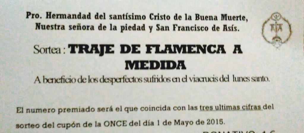 piedadalmonte's tweet photo. A la venta las papeletas del traje de flamenca a medida para arreglar los desperfectos del Via Crucis.Colabora por 1€ http://t.co/LEgV3otrXw