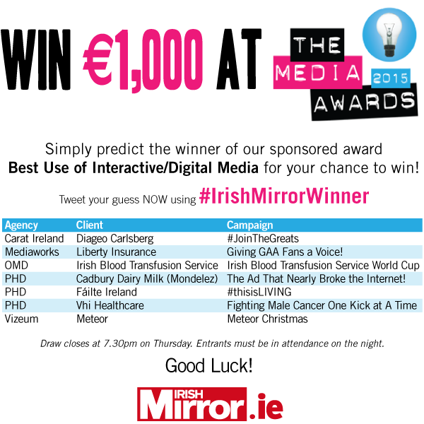 Reach_Ireland's tweet photo. WIN β¬1,000 at tonight's @mediaawards15 ! Predict the winner of our sponsored category to win #IrishMirrorWinner http://t.co/Ytrxbj45Jb