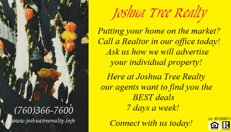 JoshuaTreeHomes's tweet photo. Listing your home? Call us at (760)366-7600 today!
http://t.co/bsZzoIQbFv
#joshuatree #realestate http://t.co/HNNaDy0Yk4