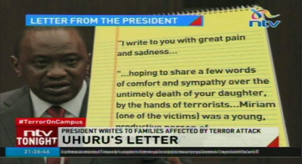 ntvkenya's tweet photo. Each of the letters will be personally delivered to the families by a senior administration official #TerrorOnCampus http://t.co/IEMqFDn50O