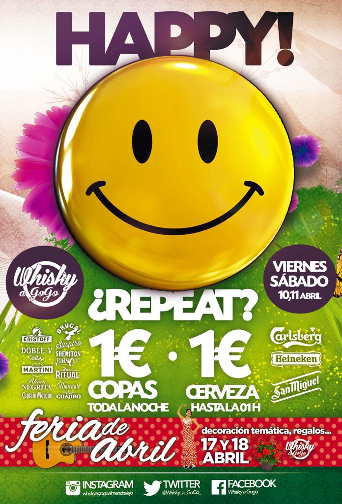 Whisky_a_GoGo_'s tweet photo. HAPPY PARTY #viernesysabado #REPEAT #copas1€ toda la noche
#sorpresas #unpasopordelante http://t.co/4T15N1VIby
