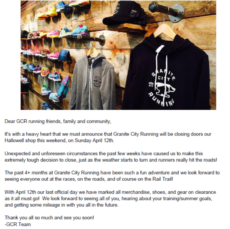 RunGraniteCity's tweet photo. Sad news here at GCR.  Please read our note &amp; stop in to say hello &amp; snag HUGE DEALS! #mileageforged http://t.co/oQjkSzFoC0
