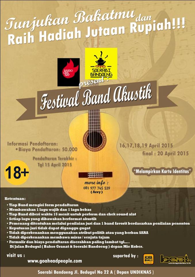 >> #Acara <a href="/baksogranatzz/">Bakso Granatzz</a> present Lomba Band Akustik, hadiah jutaan rupiah ! daftar cuma 50rb aja loh :)