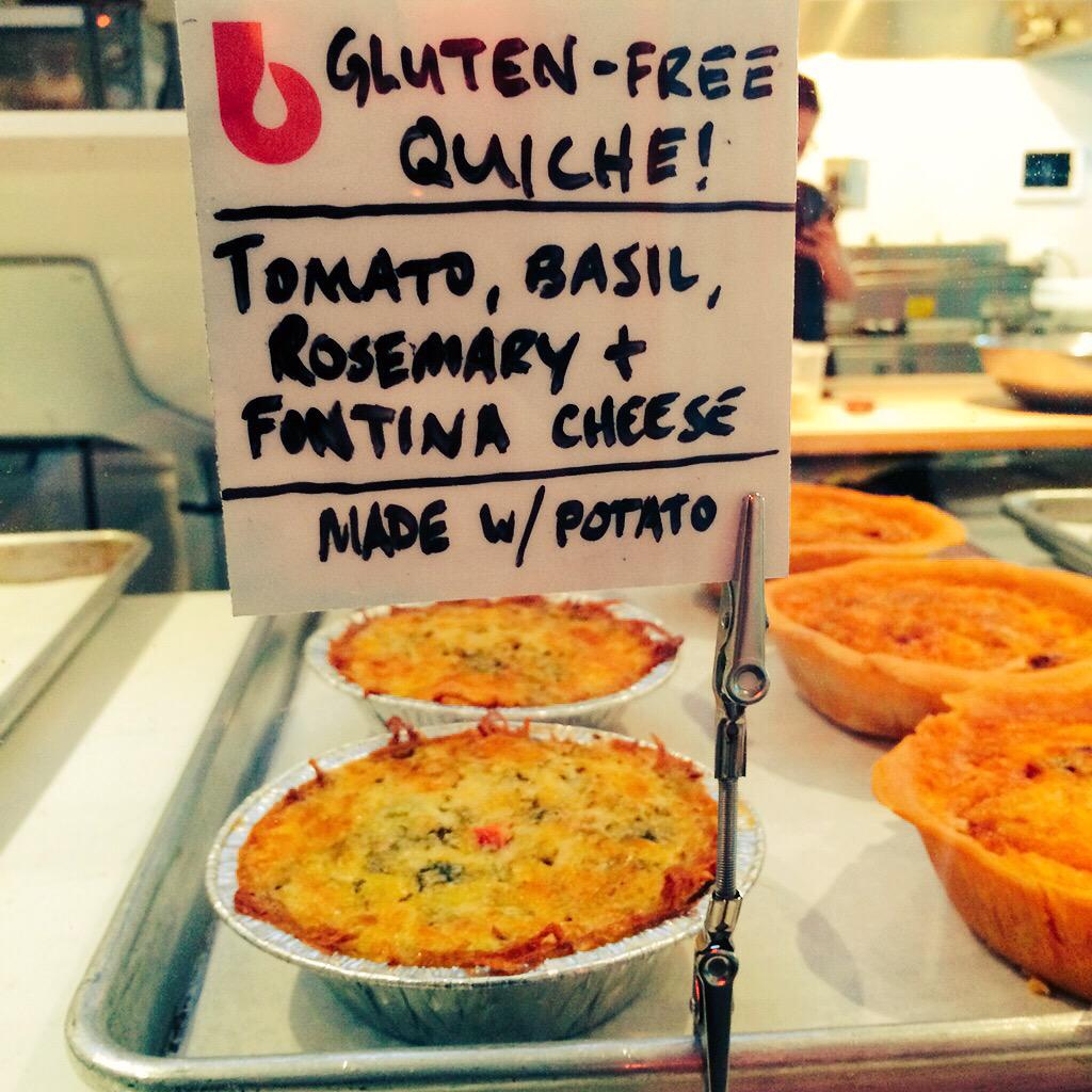 We have #glutenfree tomato, basil &amp; fontina quiche and chocolate &amp; peanut butter donuts. Freshly made all day long:)