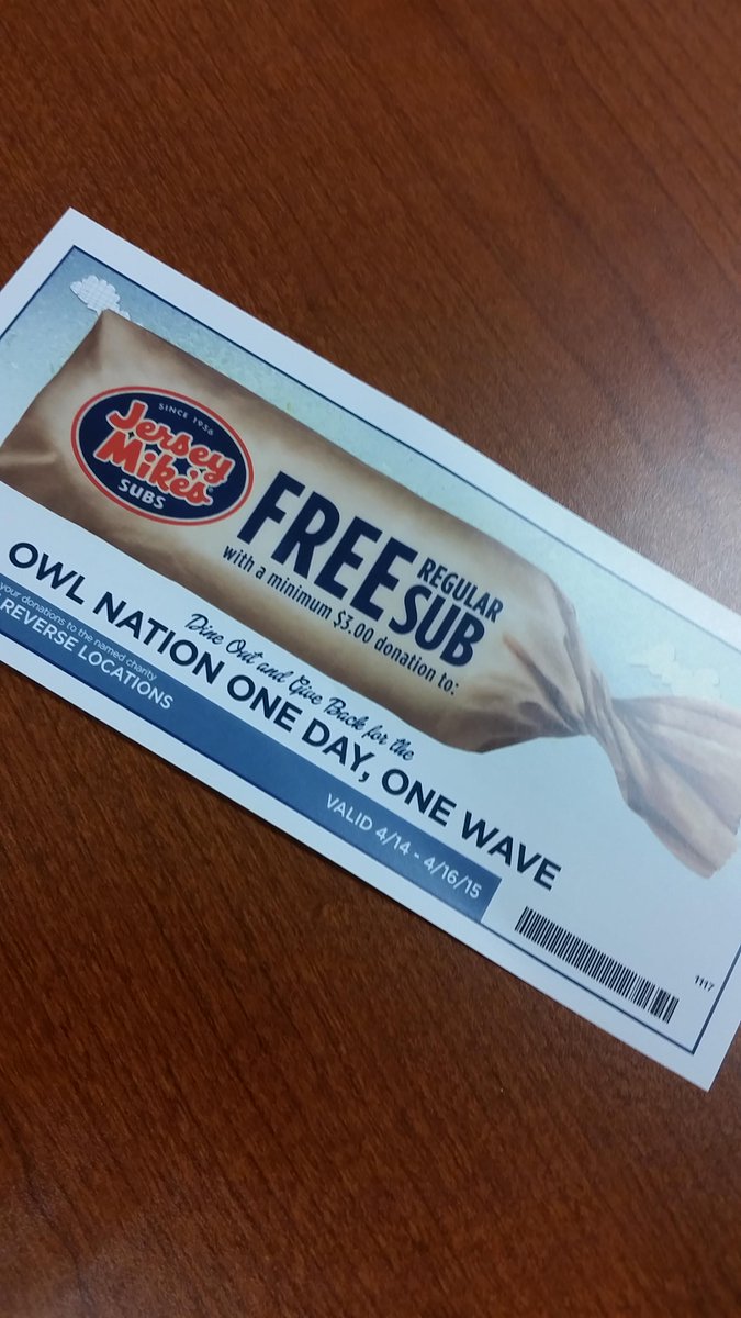 FloridaAtlantic's tweet photo. Jersey Mike's on the Breezeway w/ coupons to use April 14, 15 &amp; 16 for #OneWaveFAU! Donate $3 to FAU for a free sub! http://t.co/QdaAPWOW5x