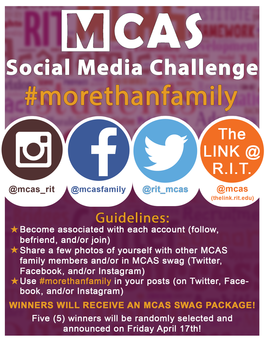 RIT_MCAS's tweet photo. The social media challenge closes next week! Join our pages! Keep posting! Win 1of 5 MCAS swag packages http://t.co/RcwZImoouN