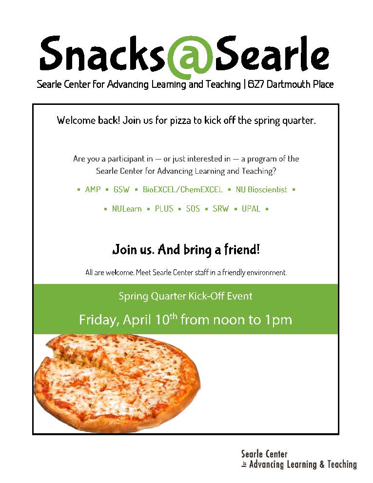 LearnNU's tweet image. Snacks@Searle tomorrow at noon! Join us for pizza and chatting. All are welcome.