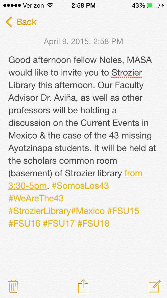 MASANoles's tweet photo. Come on out and learn about the Current Events in Mexico! #SomosLos43 #WeAreThe43 #StrozierLibrary#Mexico http://t.co/ZGCQTPQi6y