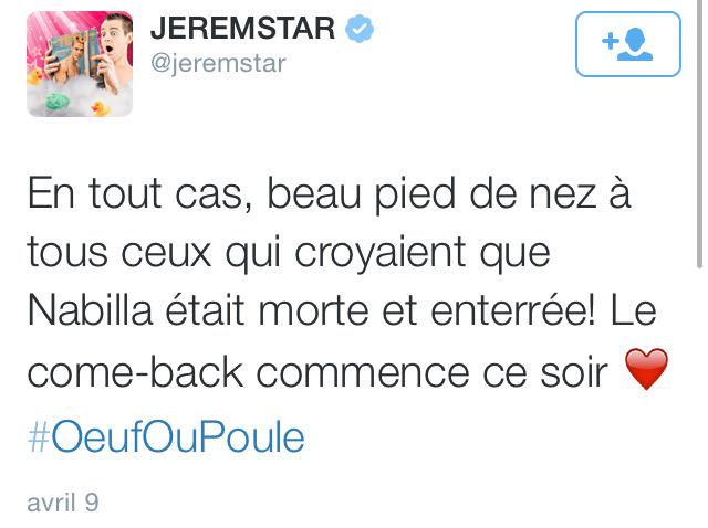 NabillaNews's tweet photo. #INFO: Jeremstar viens de poster ce tweet à propos de Nabilla. http://t.co/DFlXO2JaAt
