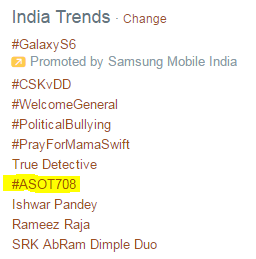 ASOTFestIndia's tweet photo. HERE WE GO!!! '#ASOT708' is now trending in INDIA :) Cheers to #TranceFamilyIndia! @arminvanbuuren @asot #ASOTFestMum http://t.co/BY3YNGEO60