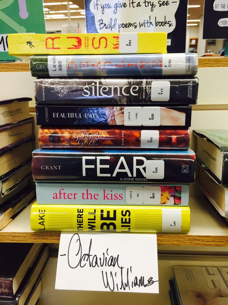 bevycgibson's tweet photo. We're celebrating #PoetryMonth with #legopoetry and #spinepoems! What are you doing? #librarylife http://t.co/keo1k31HtP
