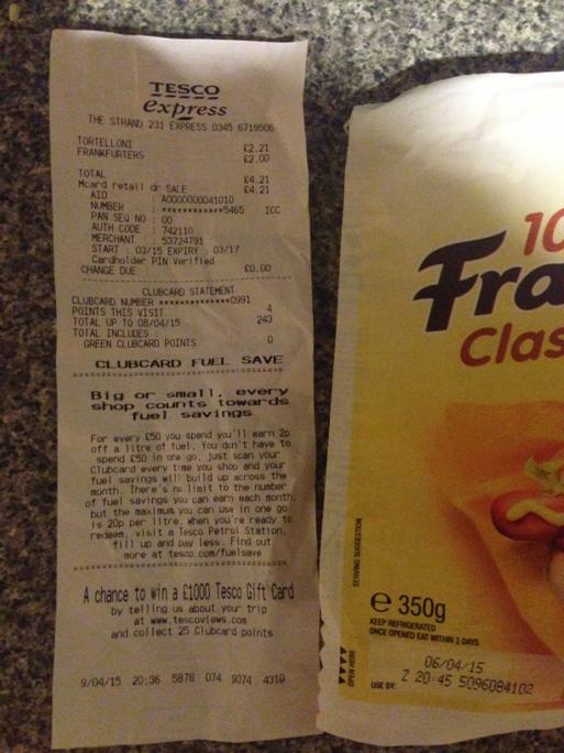 chalky02's tweet photo. Thanks @tesco for the frankfurters past their use by date. Very tangy. Surely this sort of thing gets checked?! http://t.co/djjzJwAqLp