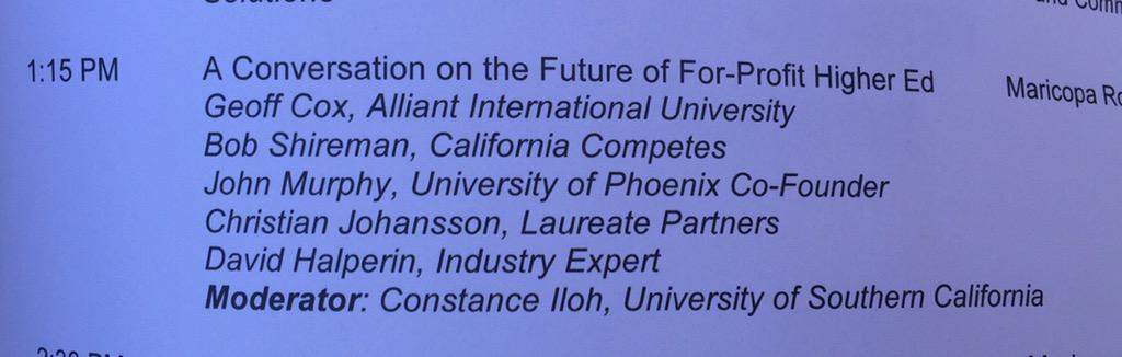 ConstanceIloh's tweet photo. "The future of #4Profit higher Ed" panel tomorrow at #ASUIDF. cc: @DHalpDC @bob_shireman @USCRossier @UCIEducation http://t.co/A2gKaM8MVS