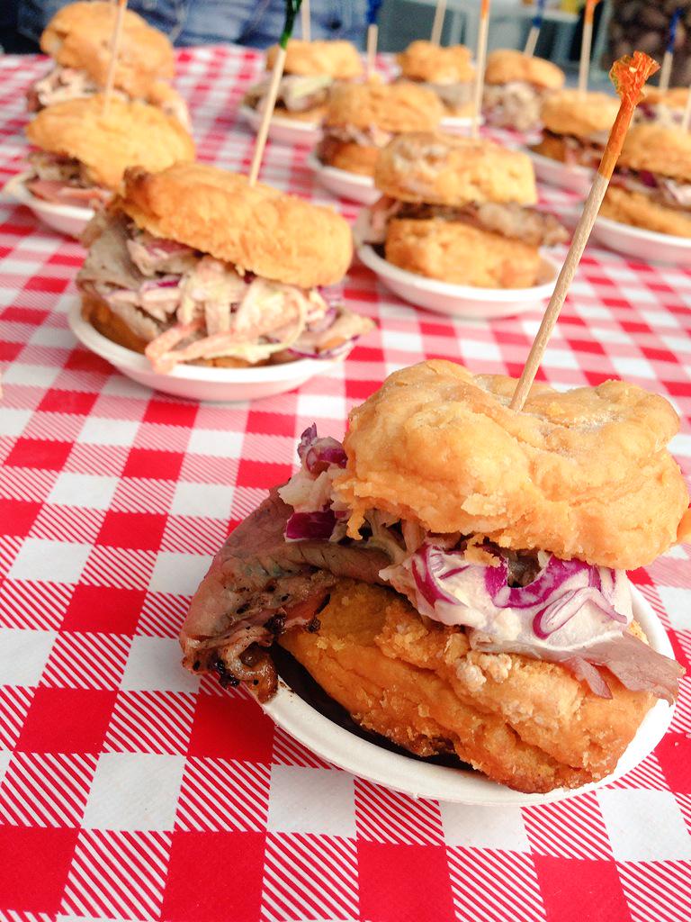 RachelP865's tweet photo. .@RedStarSouthern bringing me back to my Southern roots with this Pastrami on a Sweet Potato Biscuit. #livefire http://t.co/EQI16dGCON