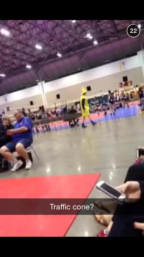 ShitBrenna's tweet photo. Not quite a traffic cone Brenna… try a mustard bottle… #nattys2015 http://t.co/xu3WQ3RjJO