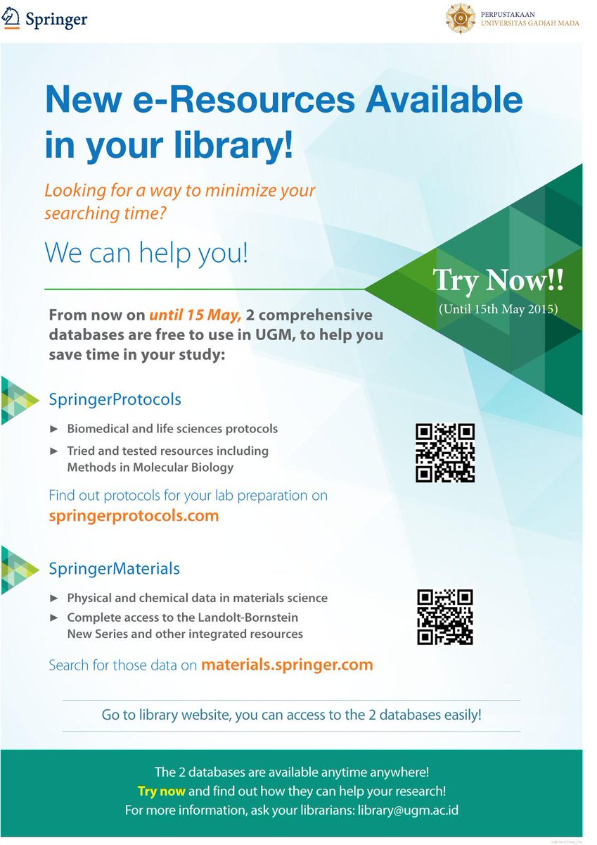 UGMLibrary's tweet photo. Khusus bagi Civitas Academica UGM, TRIAL Database on-line Springer Protocol &amp;Springer Material sampai 15 Mei 2015. http://t.co/N6RDbckrET