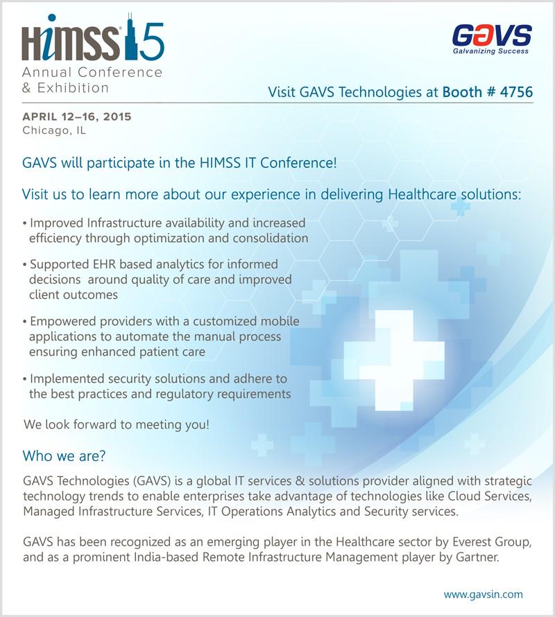 insideneurealm's tweet photo. GAVS will be there in #HIMMS2015, booth No. 4756.  #ITInfrastructure #Security #Cloud #Analytics http://t.co/Rch5k9Ac6P