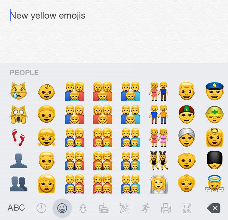 ramenbarbie's tweet image. Why are they all yellow?! 😯 #newemojis #iOS8_3 #emojiupdate