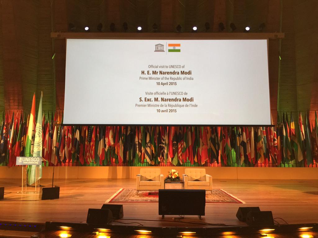 PMOIndia's tweet photo. The stage is set for PM @narendramodi's visit to UNESCO. He will speak there later today. http://t.co/h1l1Vd4cqj