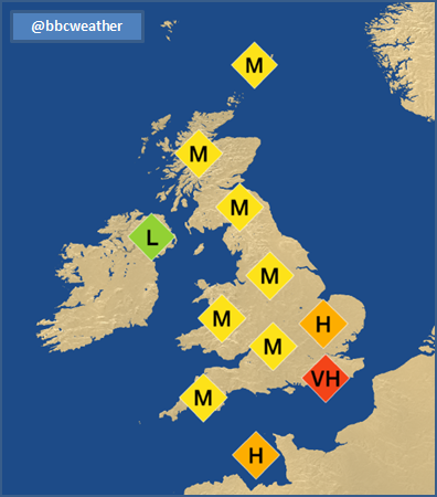 Bbc Weather On Twitter This Map Shows The Pollution Levels Across The Uk Today Very High In The Se Jo Http T Co Fbgwknikf7