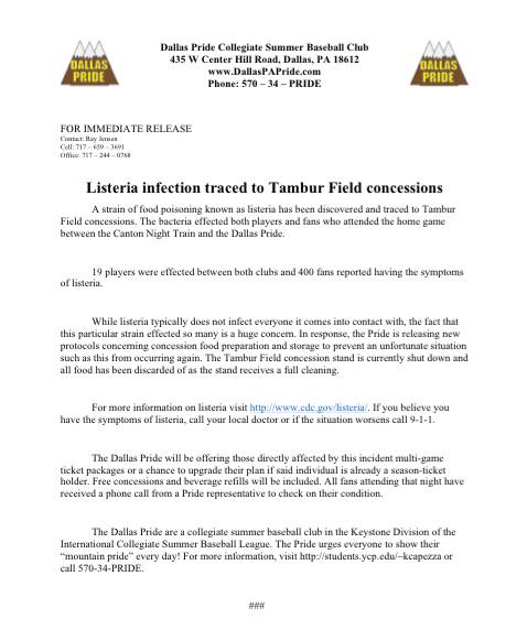 Dallas_Pride's tweet photo. The bacteria effected players and fans who attended the home game against the @CantonNTrain read for more info (2/2) http://t.co/VCZ8GemjKR