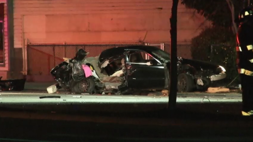 KTVU's tweet photo. #BREAKING: #Tennyson @ #Ruus closed in #Hayward. #CHP chase ended in a crash, took out a power pole. Child rescued. http://t.co/OlUAVwuZI6
