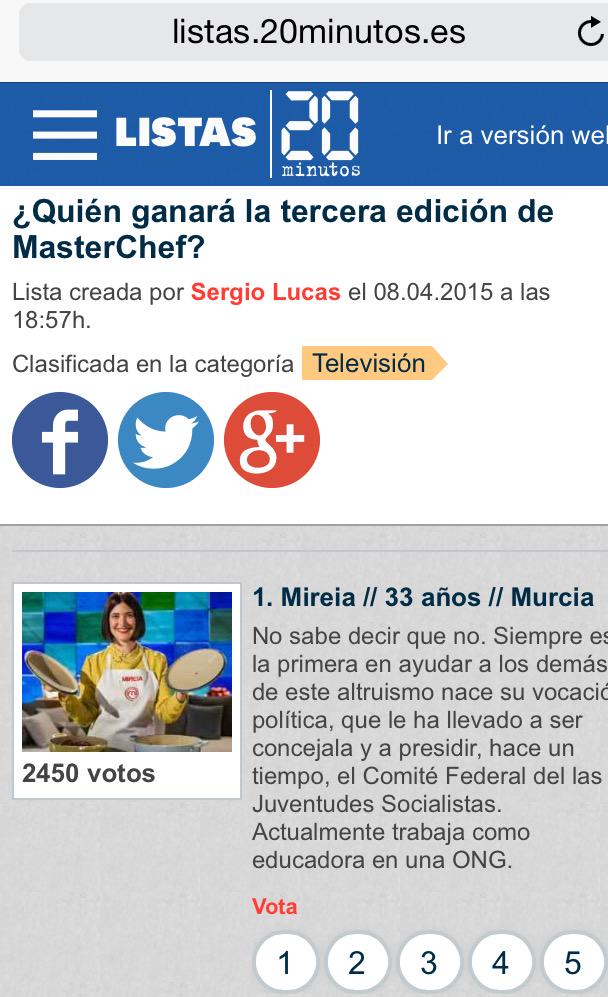 MireiaMChef3's tweet photo. @MireiaMChef3 es la primera en el Ranking de @20m de @MasterChef_es gracias por vuestro apoyo!! A seguir votando 👏👏 http://t.co/GHGLbqbMFJ