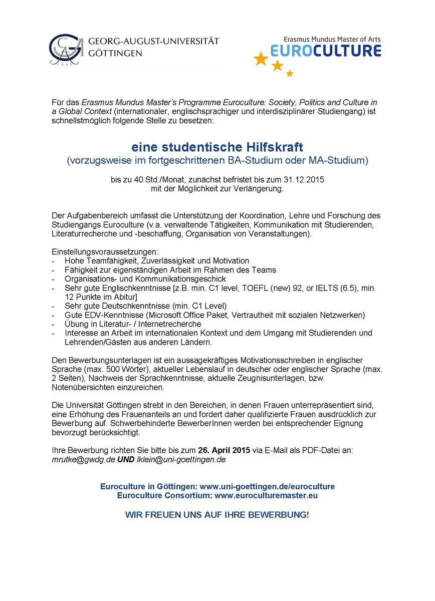 Euroculture Eucu Euroculture Goettingen Sucht Eine Studentische Hilfskraft Eucugoe Looks For A Research Assistant Sunny Regards Http T Co 34qrvse293