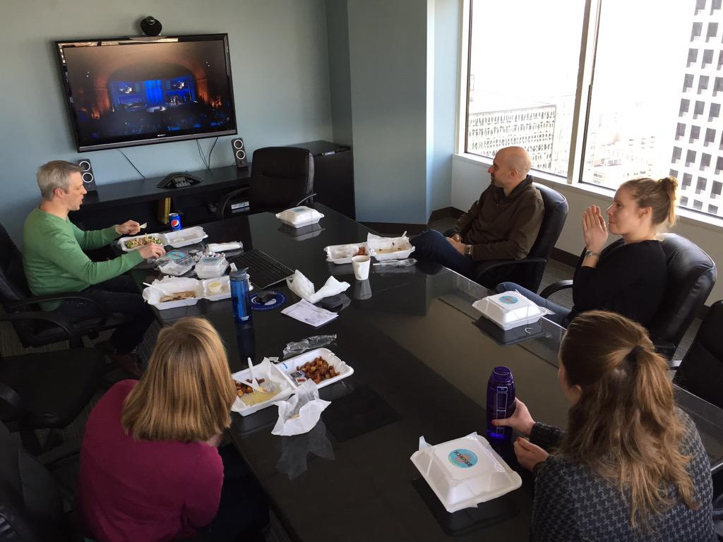 EquityRisk's tweet photo. Free Lunch Friday in Chicago. Watching @jimmyfallon lip sync battle. #JimmyBeatFerrell #NotEmma Thanks @MichaelMarcon http://t.co/uT5H5GRdW6