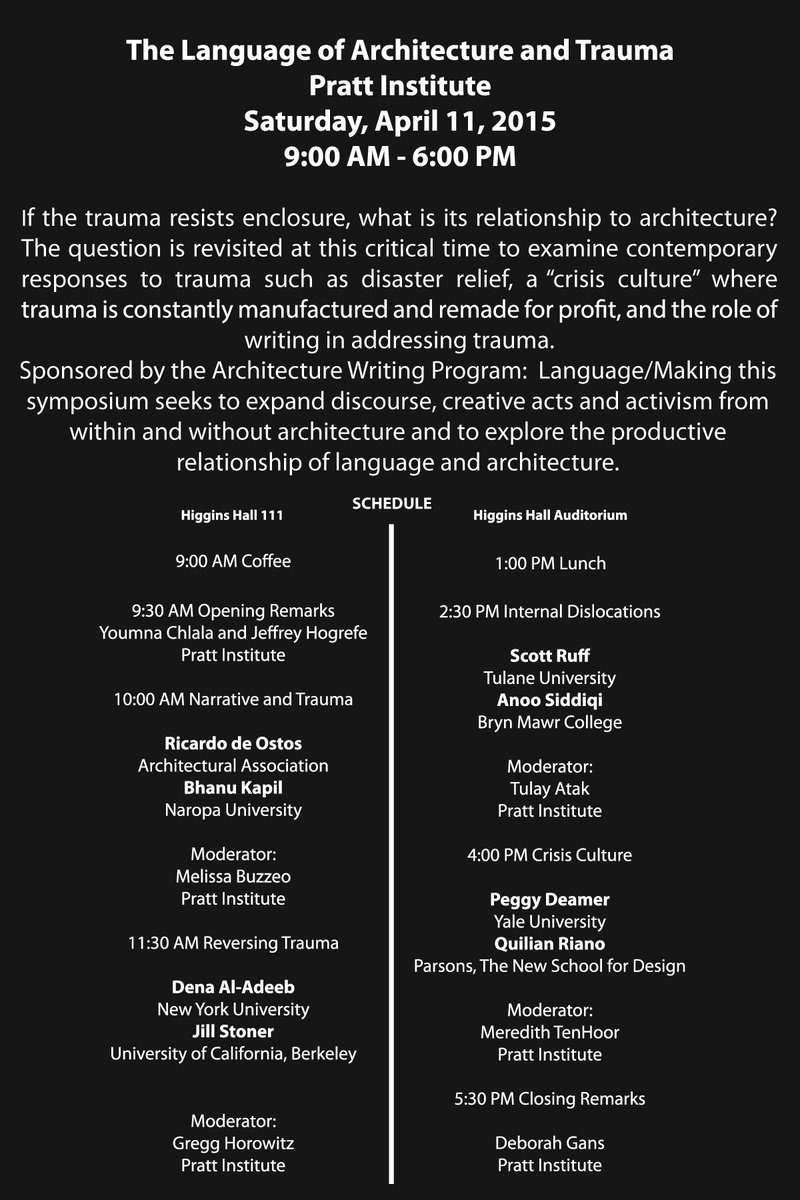 LangArchTrauma's tweet photo. REMINDER: #ArchTrauma is tomorrow @PrattInstitute http://t.co/ZJjpuyQfH4